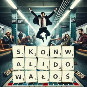 Kreatywna ilustracja do gry w Scrabble ze słowem SKONWALIDOWAŁOŚ ułożonym z płytek na planszy.