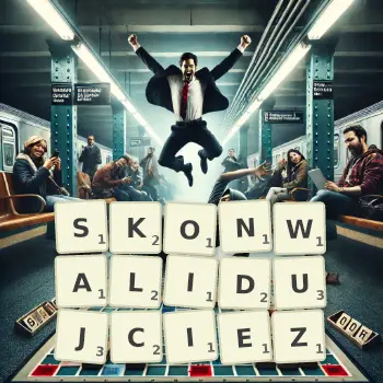 Kreatywna ilustracja do gry w Scrabble ze słowem SKONWALIDUJCIEZ ułożonym z płytek na planszy.