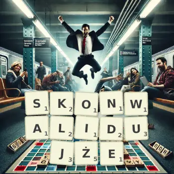 Kreatywna ilustracja do gry w Scrabble ze słowem SKONWALIDUJŻE ułożonym z płytek na planszy.