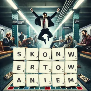 Kreatywna ilustracja do gry w Scrabble ze słowem SKONWERTOWANIEM ułożonym z płytek na planszy.