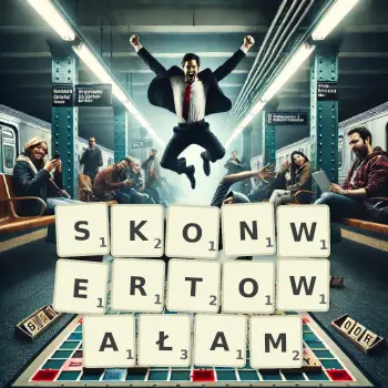 Kreatywna ilustracja do gry w Scrabble ze słowem SKONWERTOWAŁAM ułożonym z płytek na planszy.