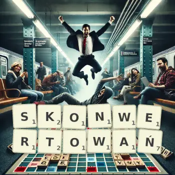 Kreatywna ilustracja do gry w Scrabble ze słowem SKONWERTOWAŃ ułożonym z płytek na planszy.