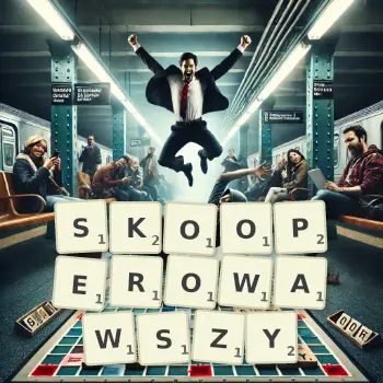 Kreatywna ilustracja do gry w Scrabble ze słowem SKOOPEROWAWSZY ułożonym z płytek na planszy.