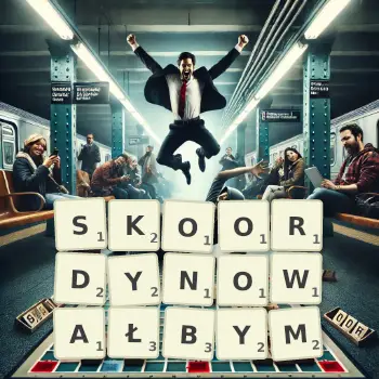 Kreatywna ilustracja do gry w Scrabble ze słowem SKOORDYNOWAŁBYM ułożonym z płytek na planszy.
