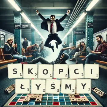Kreatywna ilustracja do gry w Scrabble ze słowem SKOPCIŁYŚMY ułożonym z płytek na planszy.