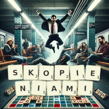 Kreatywna ilustracja do gry w Scrabble ze słowem SKOPIENIAMI ułożonym z płytek na planszy.