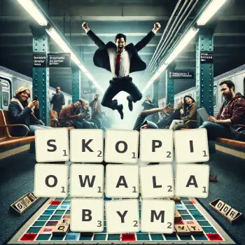 Kreatywna ilustracja do gry w Scrabble ze słowem SKOPIOWALABYM ułożonym z płytek na planszy.