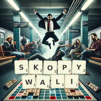 Kreatywna ilustracja do gry w Scrabble ze słowem SKOPYWALI ułożonym z płytek na planszy.