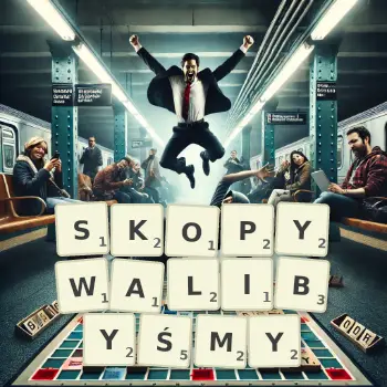 Kreatywna ilustracja do gry w Scrabble ze słowem SKOPYWALIBYŚMY ułożonym z płytek na planszy.