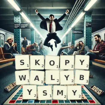 Kreatywna ilustracja do gry w Scrabble ze słowem SKOPYWALYBYSMY ułożonym z płytek na planszy.