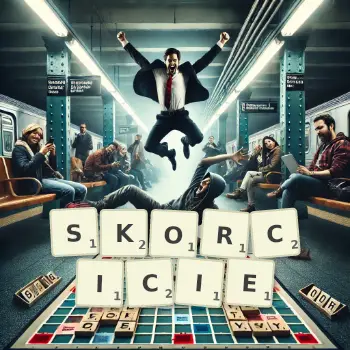 Kreatywna ilustracja do gry w Scrabble ze słowem SKORCICIE ułożonym z płytek na planszy.