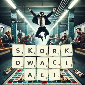 Kreatywna ilustracja do gry w Scrabble ze słowem SKORKOWACIALI ułożonym z płytek na planszy.