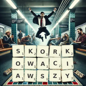 Kreatywna ilustracja do gry w Scrabble ze słowem SKORKOWACIAWSZY ułożonym z płytek na planszy.