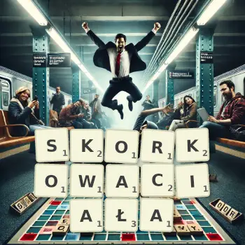 Kreatywna ilustracja do gry w Scrabble ze słowem SKORKOWACIAŁA ułożonym z płytek na planszy.