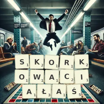 Kreatywna ilustracja do gry w Scrabble ze słowem SKORKOWACIAŁAŚ ułożonym z płytek na planszy.