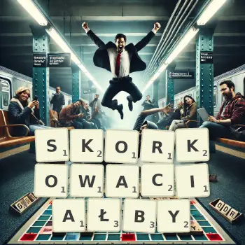 Kreatywna ilustracja do gry w Scrabble ze słowem SKORKOWACIAŁBY ułożonym z płytek na planszy.