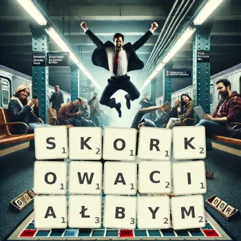 Kreatywna ilustracja do gry w Scrabble ze słowem SKORKOWACIAŁBYM ułożonym z płytek na planszy.