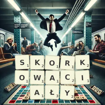 Kreatywna ilustracja do gry w Scrabble ze słowem SKORKOWACIAŁY ułożonym z płytek na planszy.