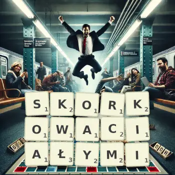 Kreatywna ilustracja do gry w Scrabble ze słowem SKORKOWACIAŁYMI ułożonym z płytek na planszy.