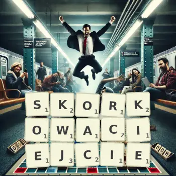 Kreatywna ilustracja do gry w Scrabble ze słowem SKORKOWACIEJCIE ułożonym z płytek na planszy.