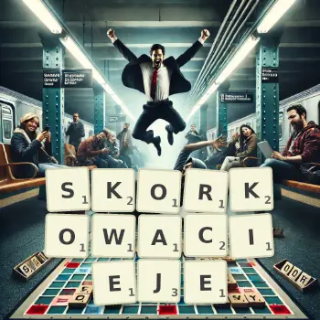 Kreatywna ilustracja do gry w Scrabble ze słowem SKORKOWACIEJE ułożonym z płytek na planszy.