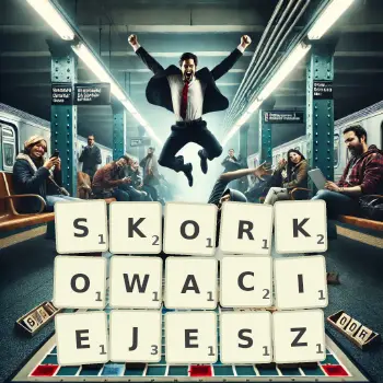 Kreatywna ilustracja do gry w Scrabble ze słowem SKORKOWACIEJESZ ułożonym z płytek na planszy.