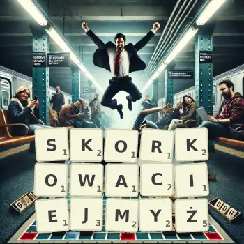 Kreatywna ilustracja do gry w Scrabble ze słowem SKORKOWACIEJMYŻ ułożonym z płytek na planszy.