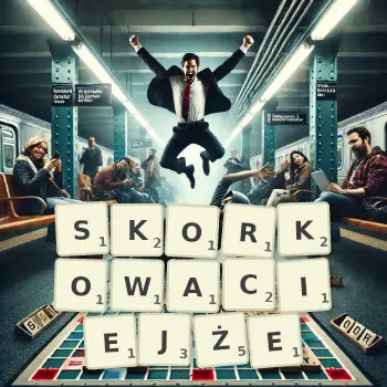 Kreatywna ilustracja do gry w Scrabble ze słowem SKORKOWACIEJŻE ułożonym z płytek na planszy.