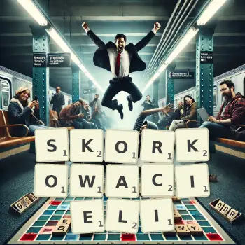 Kreatywna ilustracja do gry w Scrabble ze słowem SKORKOWACIELI ułożonym z płytek na planszy.