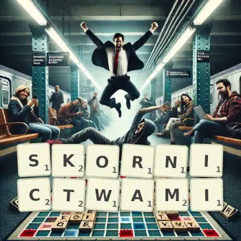 Kreatywna ilustracja do gry w Scrabble ze słowem SKORNICTWAMI ułożonym z płytek na planszy.
