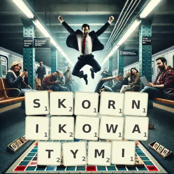 Kreatywna ilustracja do gry w Scrabble ze słowem SKORNIKOWATYMI ułożonym z płytek na planszy.