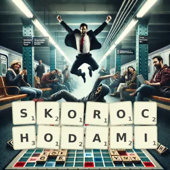 Kreatywna ilustracja do gry w Scrabble ze słowem SKOROCHODAMI ułożonym z płytek na planszy.