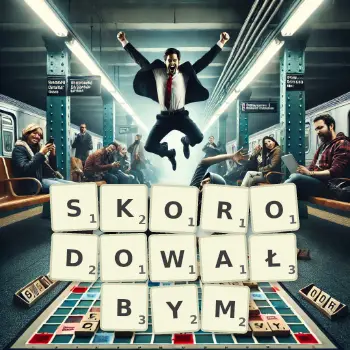 Kreatywna ilustracja do gry w Scrabble ze słowem SKORODOWAŁBYM ułożonym z płytek na planszy.