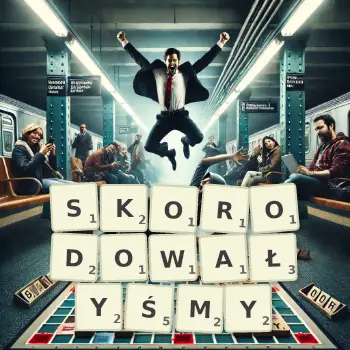 Kreatywna ilustracja do gry w Scrabble ze słowem SKORODOWAŁYŚMY ułożonym z płytek na planszy.