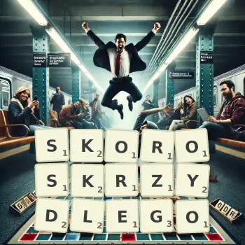 Kreatywna ilustracja do gry w Scrabble ze słowem SKOROSKRZYDLEGO ułożonym z płytek na planszy.