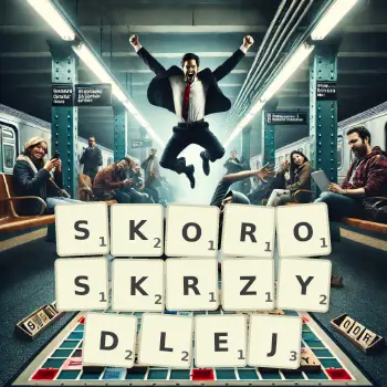 Kreatywna ilustracja do gry w Scrabble ze słowem SKOROSKRZYDLEJ ułożonym z płytek na planszy.