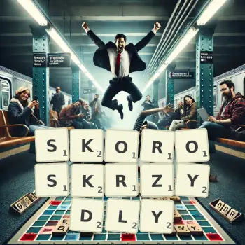 Kreatywna ilustracja do gry w Scrabble ze słowem SKOROSKRZYDLY ułożonym z płytek na planszy.