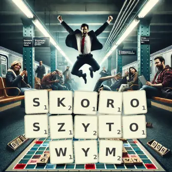 Kreatywna ilustracja do gry w Scrabble ze słowem SKOROSZYTOWYM ułożonym z płytek na planszy.