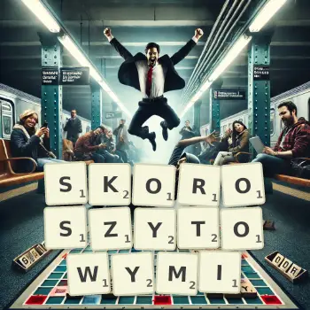 Kreatywna ilustracja do gry w Scrabble ze słowem SKOROSZYTOWYMI ułożonym z płytek na planszy.