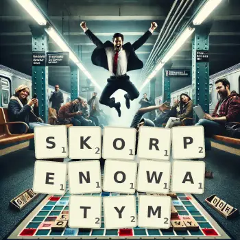 Kreatywna ilustracja do gry w Scrabble ze słowem SKORPENOWATYM ułożonym z płytek na planszy.