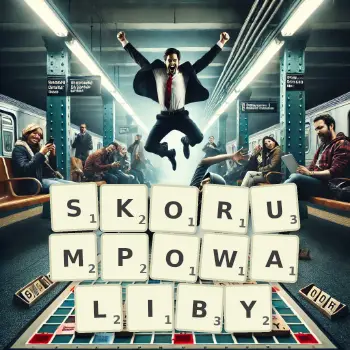 Kreatywna ilustracja do gry w Scrabble ze słowem SKORUMPOWALIBY ułożonym z płytek na planszy.
