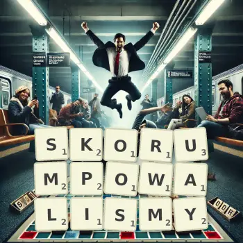 Kreatywna ilustracja do gry w Scrabble ze słowem SKORUMPOWALISMY ułożonym z płytek na planszy.