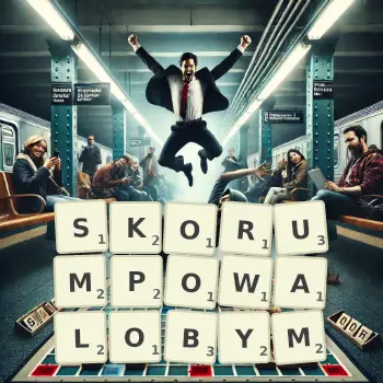 Kreatywna ilustracja do gry w Scrabble ze słowem SKORUMPOWALOBYM ułożonym z płytek na planszy.