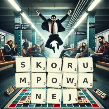 Kreatywna ilustracja do gry w Scrabble ze słowem SKORUMPOWANEJ ułożonym z płytek na planszy.