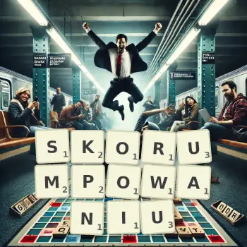 Kreatywna ilustracja do gry w Scrabble ze słowem SKORUMPOWANIU ułożonym z płytek na planszy.