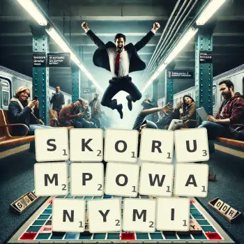 Kreatywna ilustracja do gry w Scrabble ze słowem SKORUMPOWANYMI ułożonym z płytek na planszy.