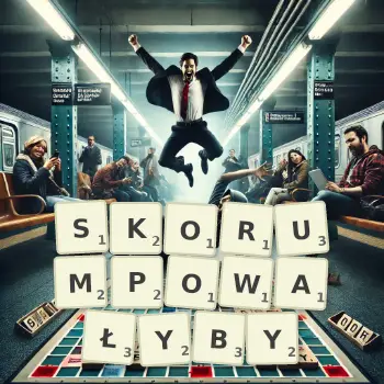 Kreatywna ilustracja do gry w Scrabble ze słowem SKORUMPOWAŁYBY ułożonym z płytek na planszy.