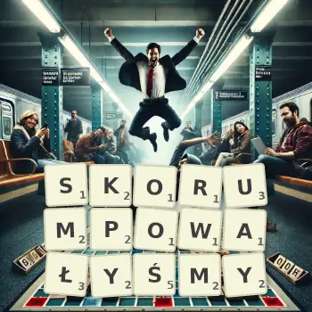 Kreatywna ilustracja do gry w Scrabble ze słowem SKORUMPOWAŁYŚMY ułożonym z płytek na planszy.