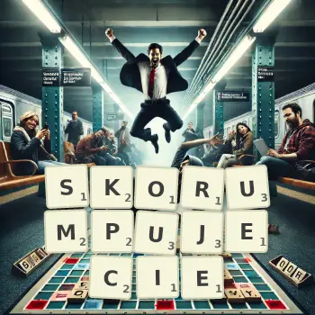 Kreatywna ilustracja do gry w Scrabble ze słowem SKORUMPUJECIE ułożonym z płytek na planszy.