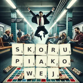 Kreatywna ilustracja do gry w Scrabble ze słowem SKORUPIAKOWEJ ułożonym z płytek na planszy.